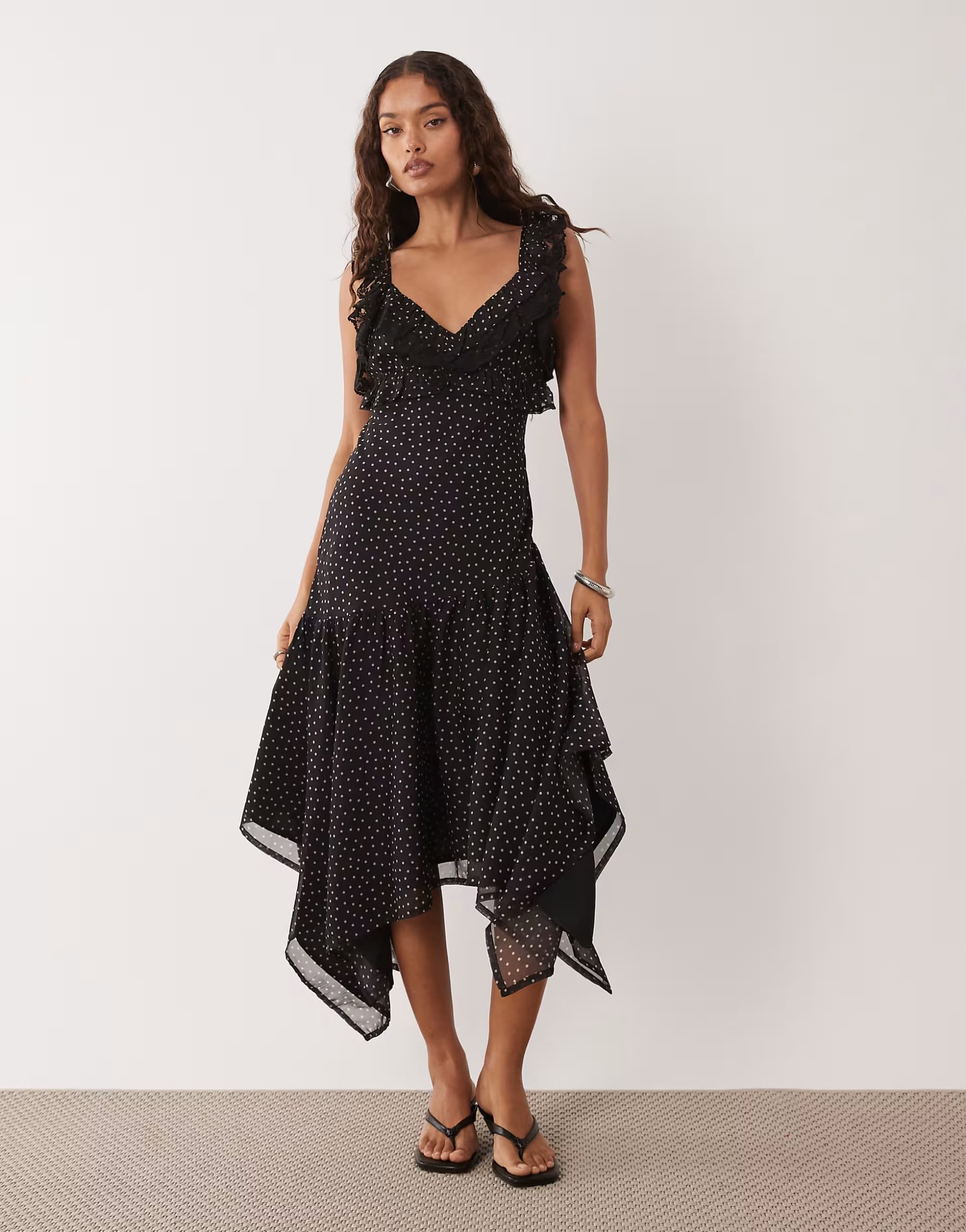 ASOS Miss Selfridge Petite ruffle hanky hem chiffon maxi dress in polka dot