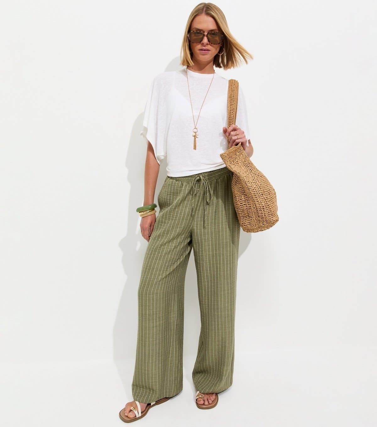 New Look Women's Green Woven Striped Wide Leg Trousers New Look