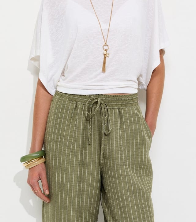 New Look Women's Green Woven Striped Wide Leg Trousers New Look - 2