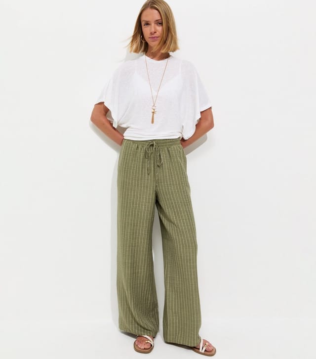 New Look Women's Green Woven Striped Wide Leg Trousers New Look - 3