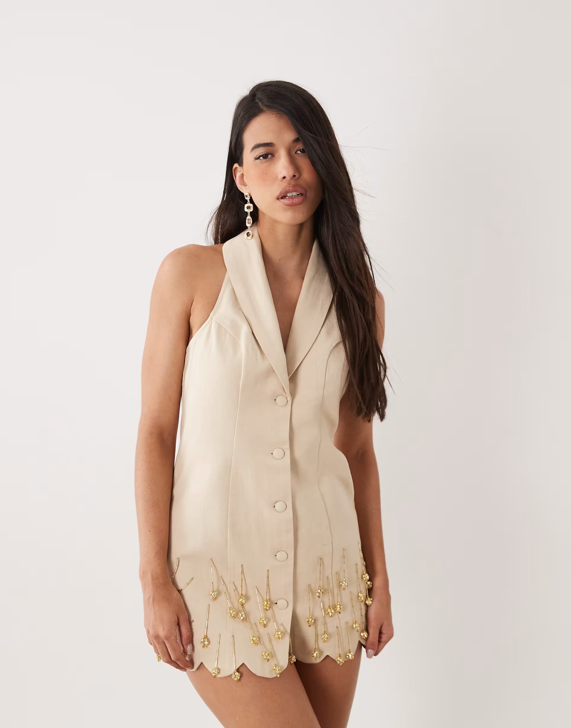 ASOS ASOS LUXE neutral embellished mini dress in linen look
