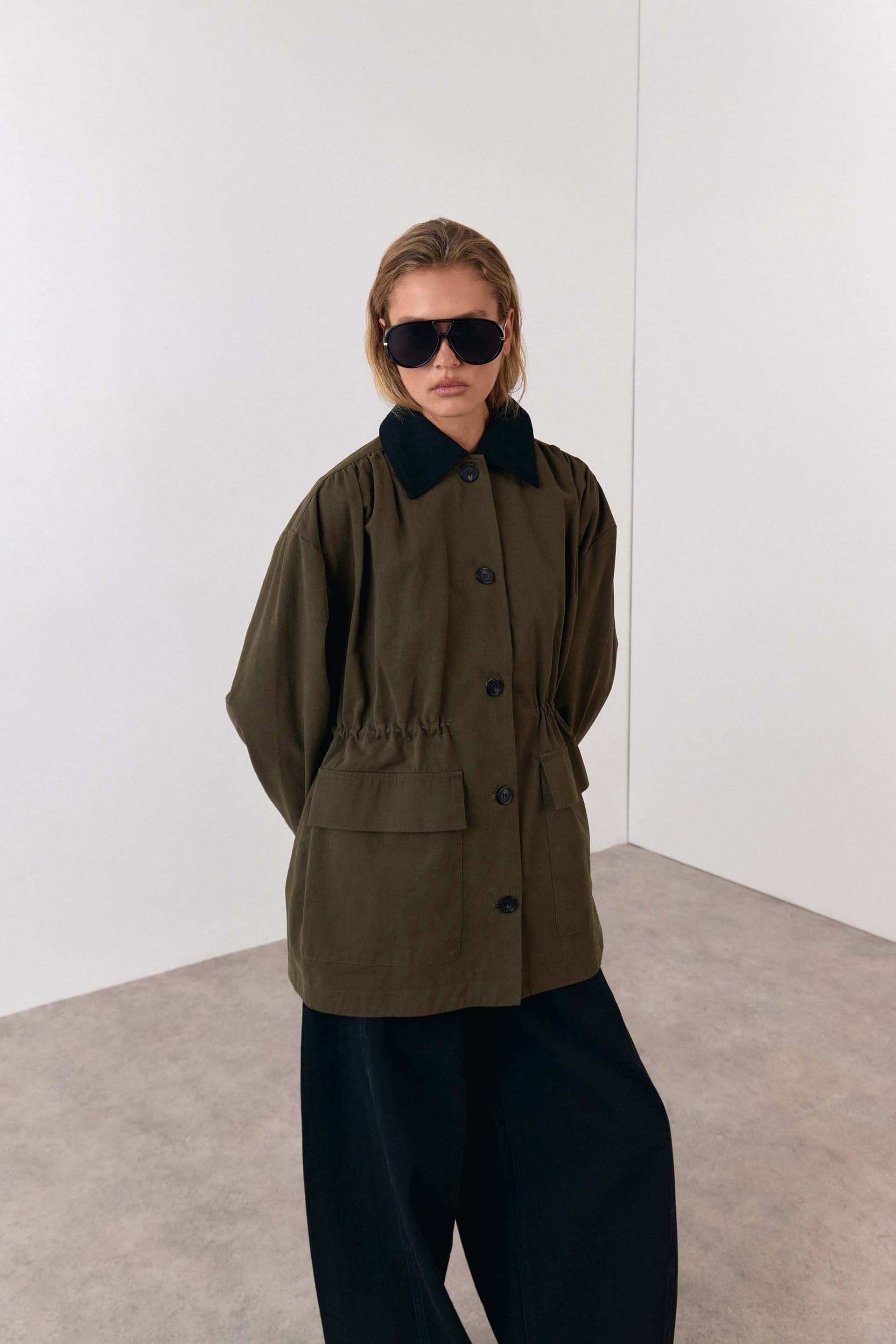 Warehouse Warehouse Women's Contrast Collar Corded Waist Detail Jacket in Khaki