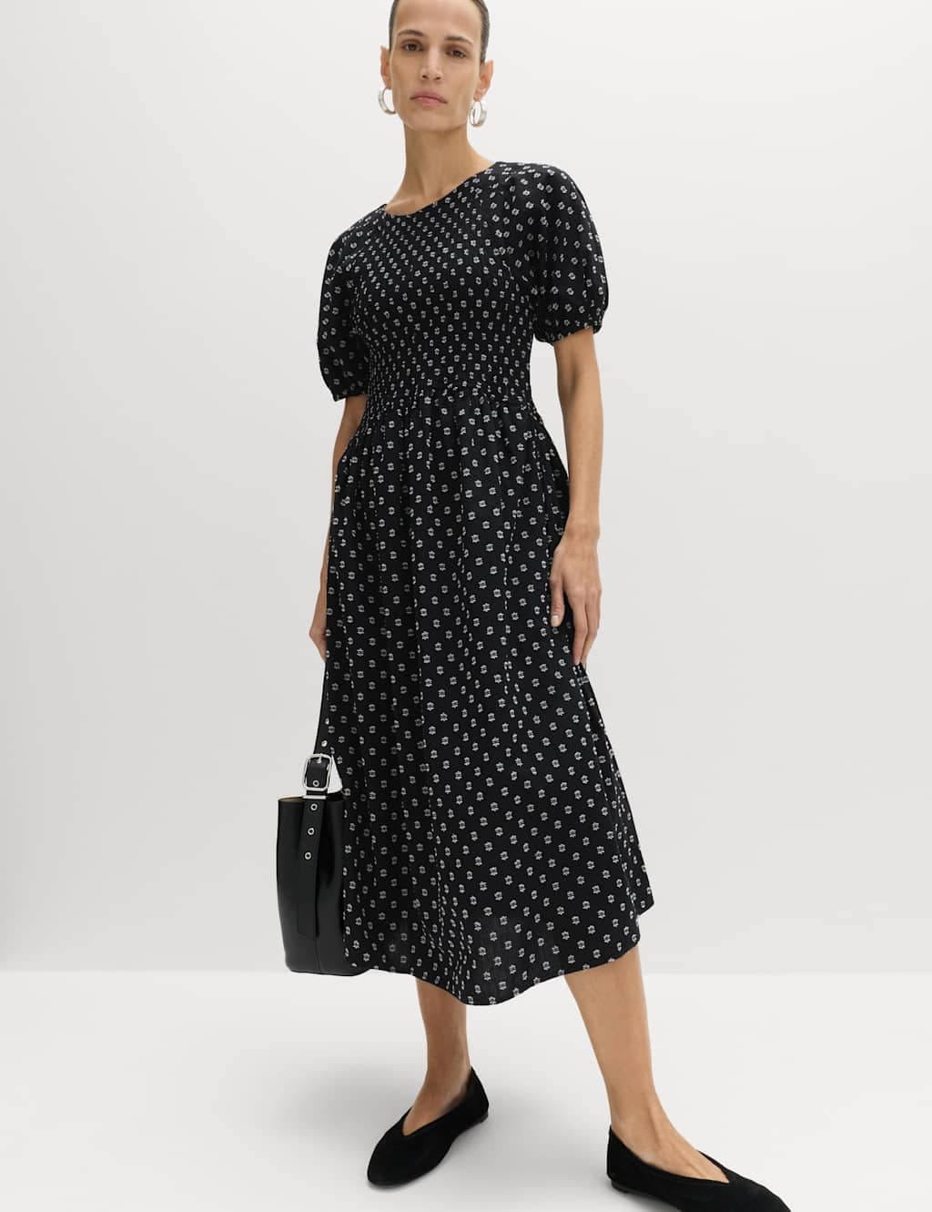 Marks & Spencer M&S Cotton Rich Printed Puff Sleeve Midi Waisted Dress Black Mix