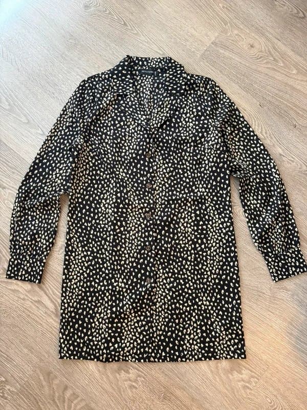 PrettyLittleThing PrettyLittleThing Black Leopard Print Mini Dress UK 6 Long Sleeve Button Front