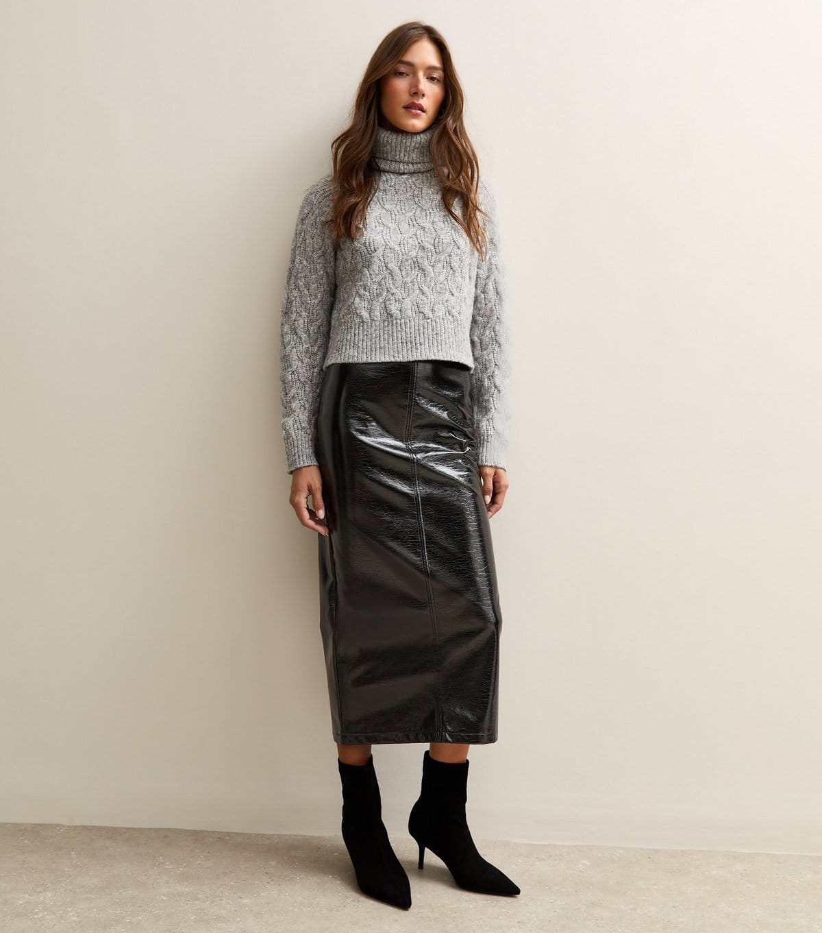 New Look Black Cracked Faux Leather Midi Skirt