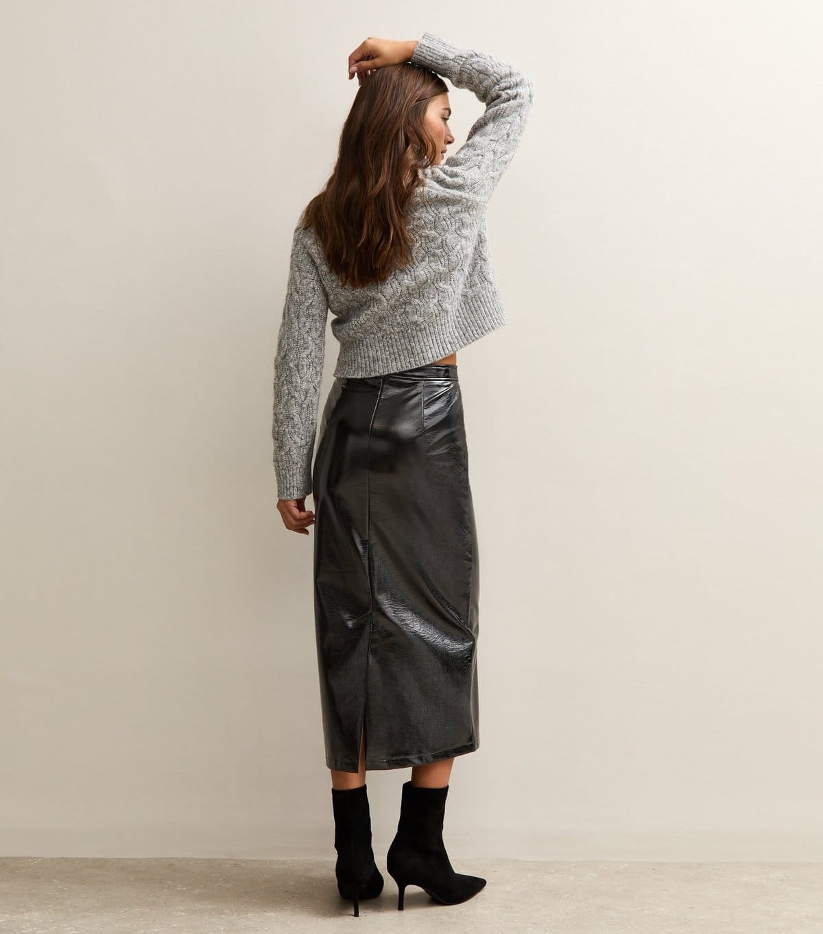New Look Women's Black Cracked Faux Leather Midi Skirt New Look - 4