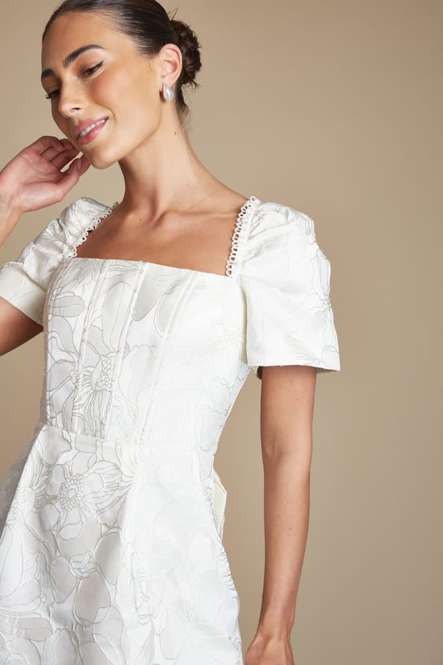 Coast Coast Women's Short Sleeve Square Neck Jacquard Mini Wedding Dress with Bow Detail in White - 2