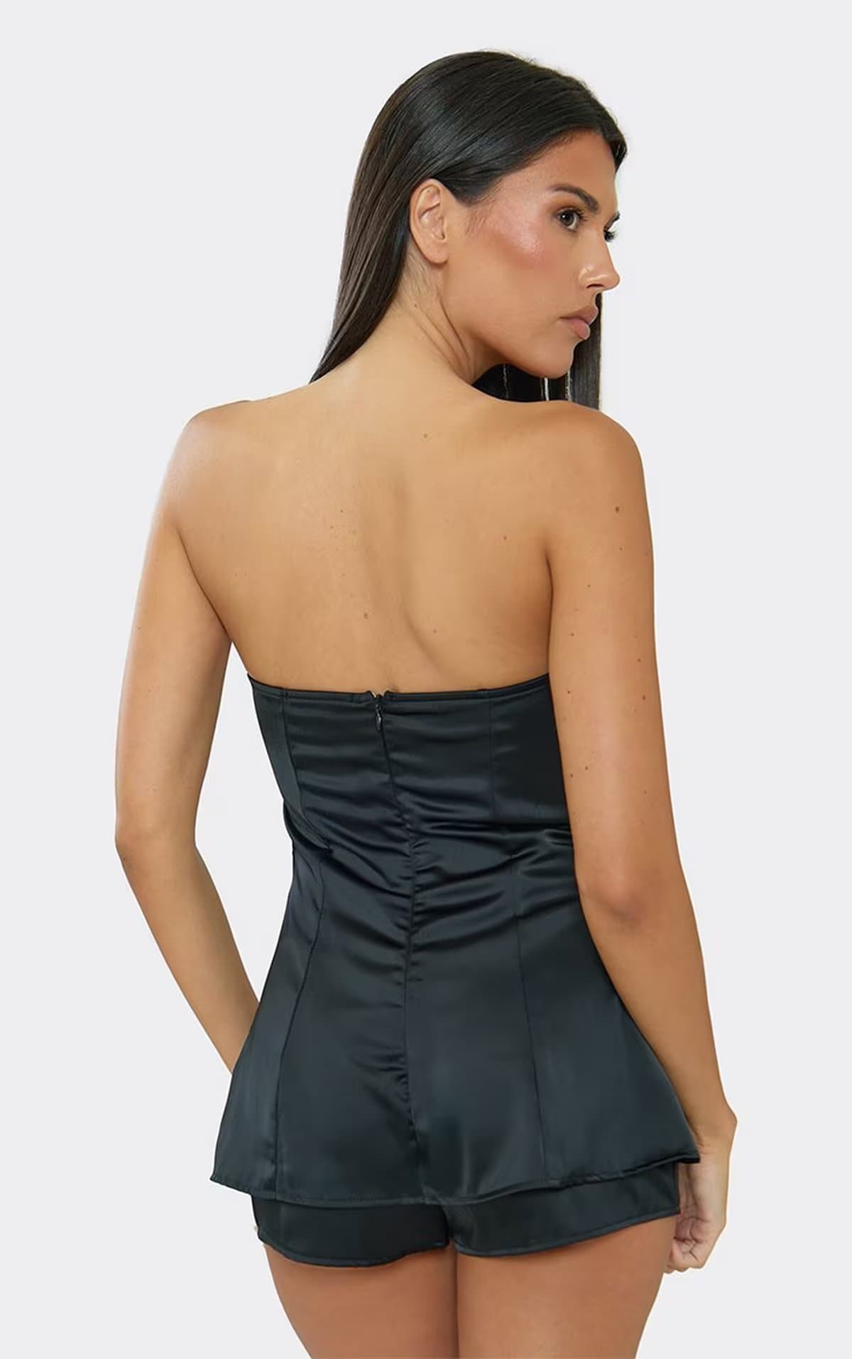 EGO Bandeau A-Line Playsuit In Black Satin, Women's Size UK 6