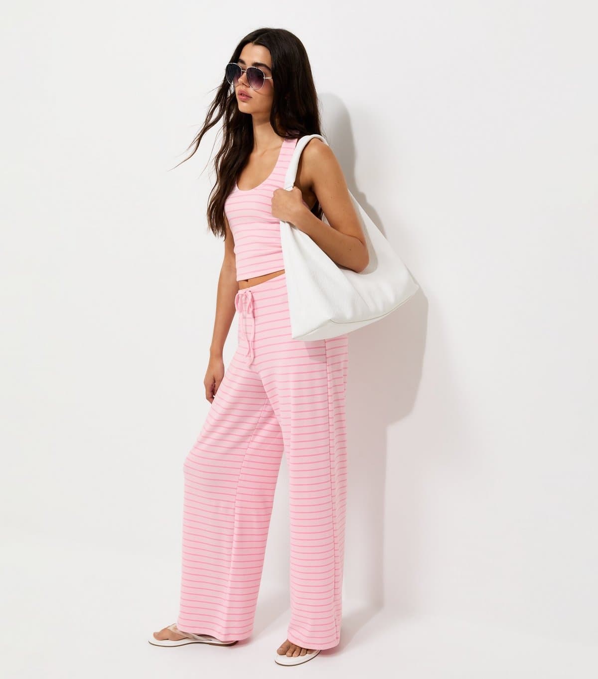 New Look Women's Pink Cotton Rich Striped Wide Leg Trousers New Look
