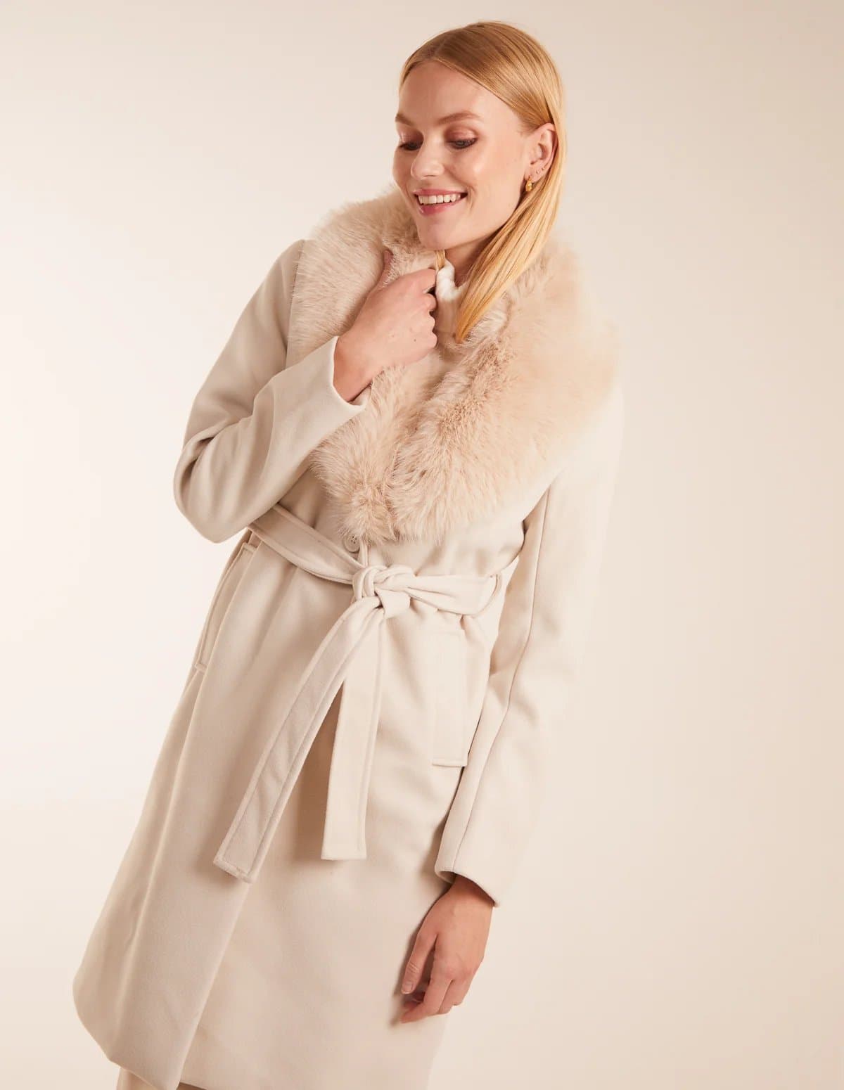 Blue Vanilla Faux Fur Collared Belted Coat