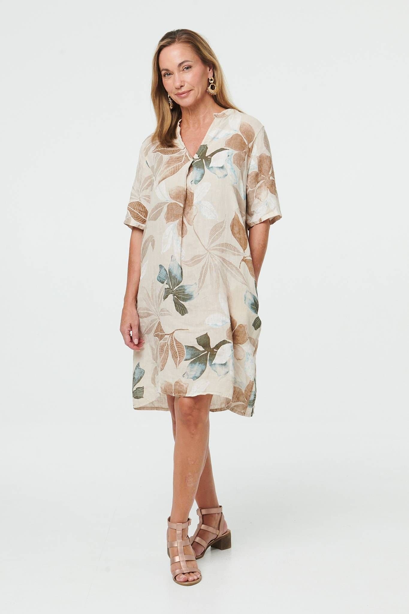 Izabel London Izabel London Women's Leaf Print Shift Knee Length Dress in Beige