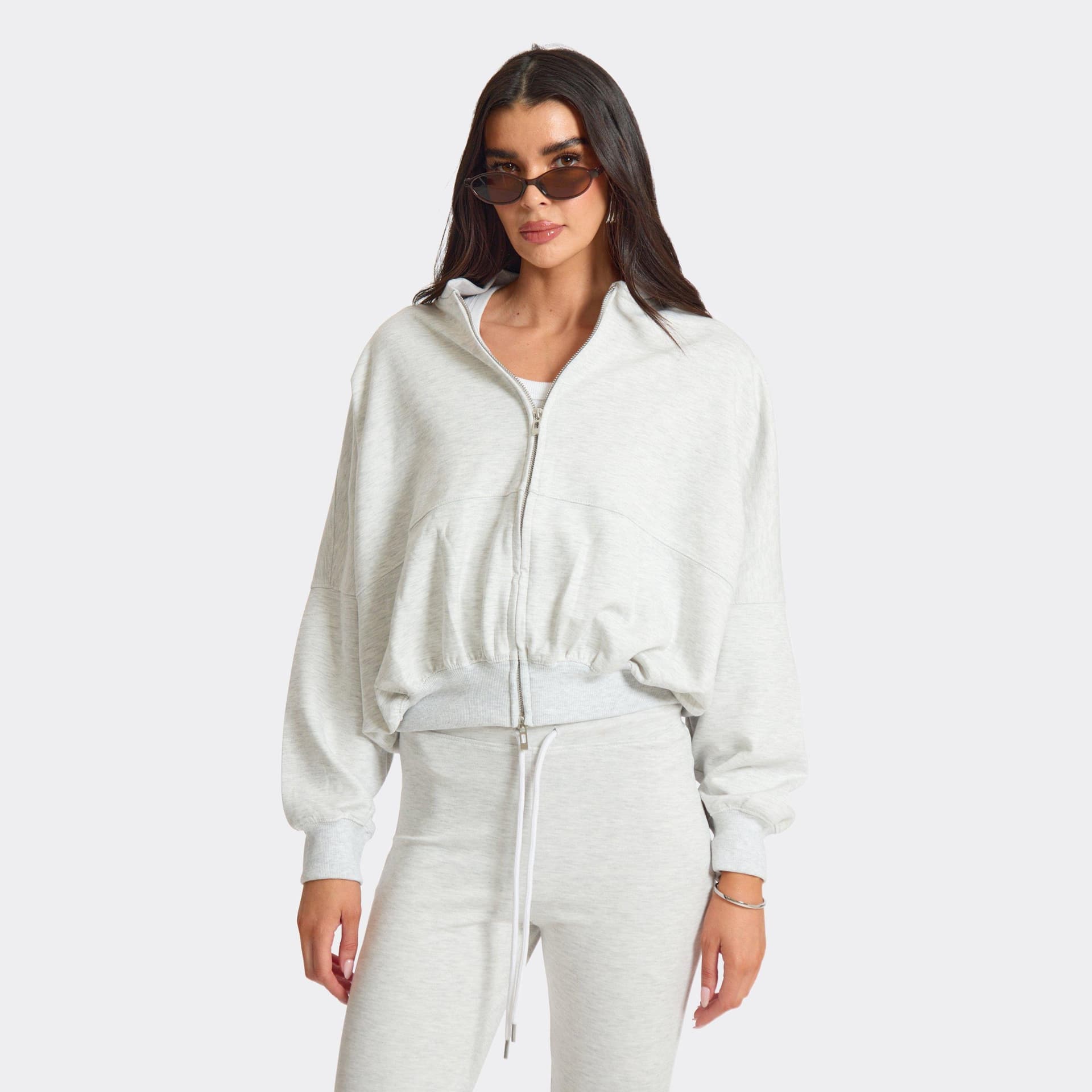 EGO Long Sleeve Double Zip Slouched Hoodie In Light Grey Marl, Women's Size UK L