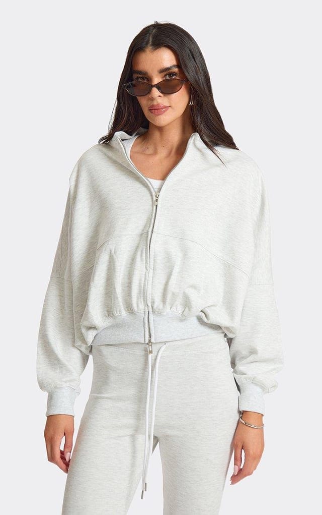 EGO Long Sleeve Double Zip Slouched Hoodie In Light Grey Marl, Women's Size UK L - 2