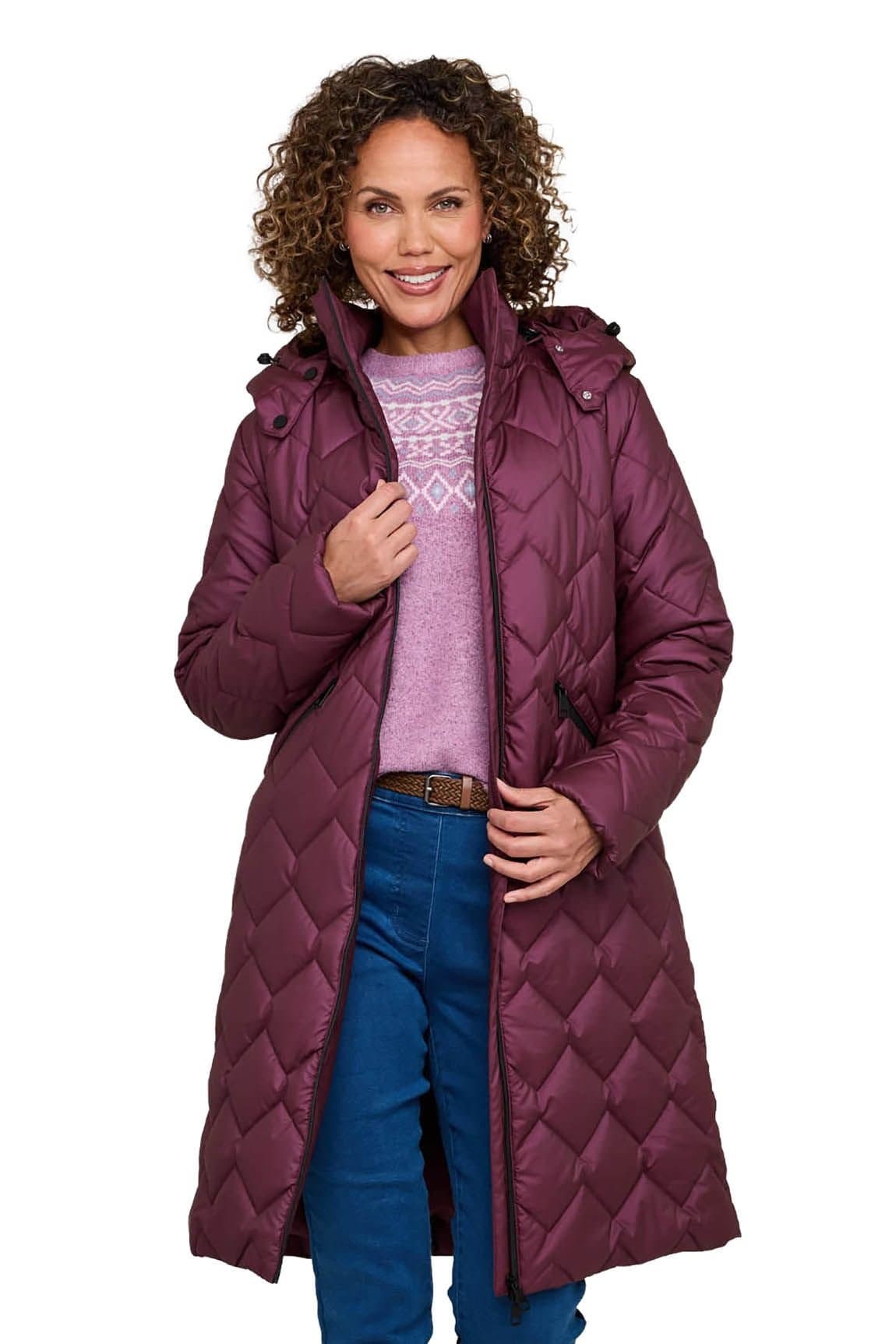 Amber Amber Women's Long Quilted Water Resistant Coat with Detachable Hood in Burgundy