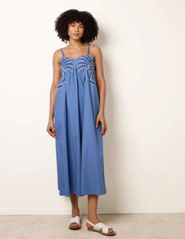 Blue Vanilla Palm Tree Embroidery Smock Dress - 2