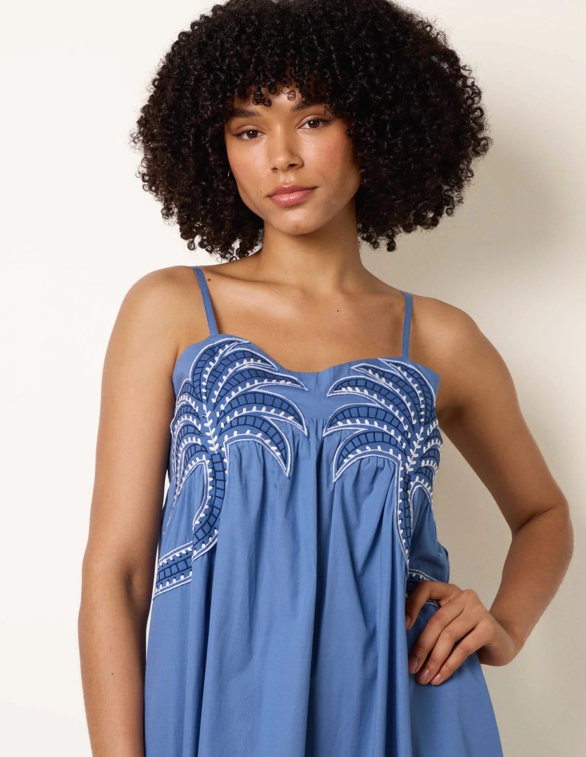 Blue Vanilla Palm Tree Embroidery Smock Dress - 4