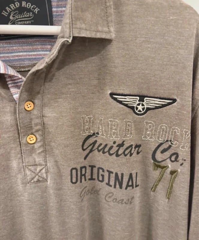 Hard Rock Hard Rock Guitar Company Grey Polo Shirt Men’s Large Embroidered Logo Graphic Y2K Casual