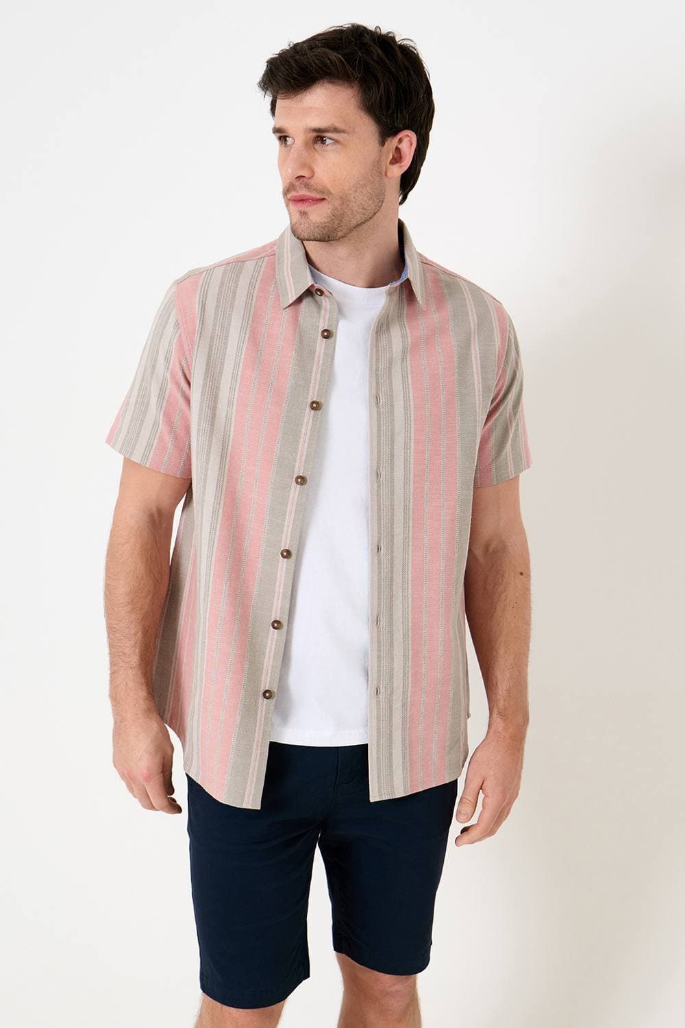 Saltwell Saltwell Men's Textured Stripe Cotton Short Sleeve Shirt in Coral