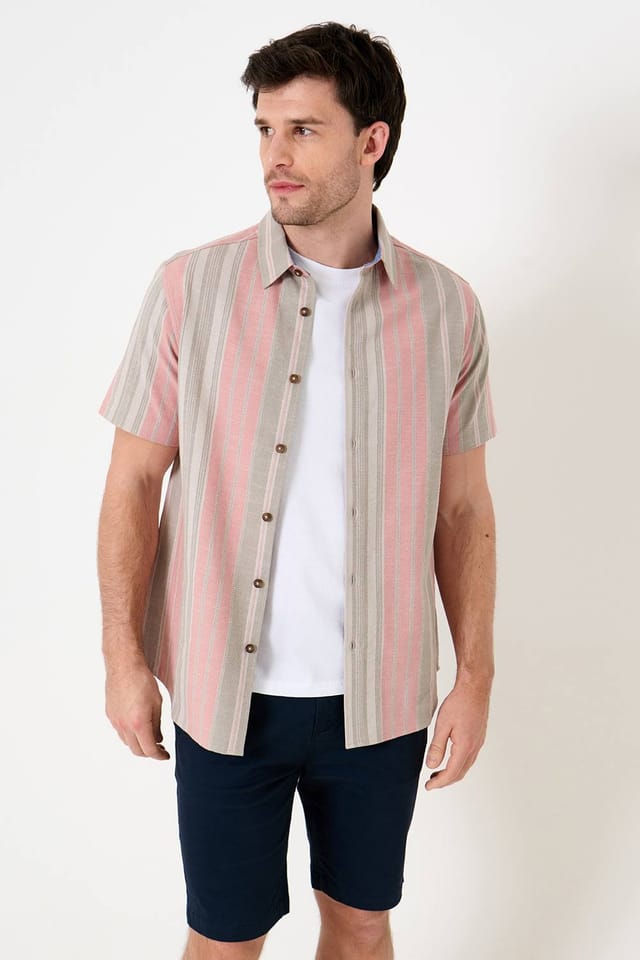 Saltwell Saltwell Men's Textured Stripe Cotton Short Sleeve Shirt in Coral - 2