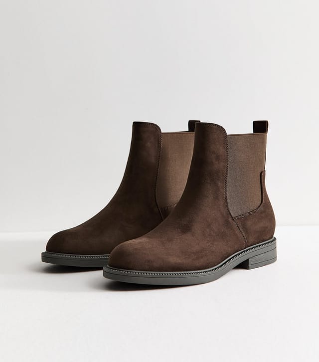 New Look Women's Wide Fit Dark Brown Faux Suede Flat Boots Vegan New Look - 3