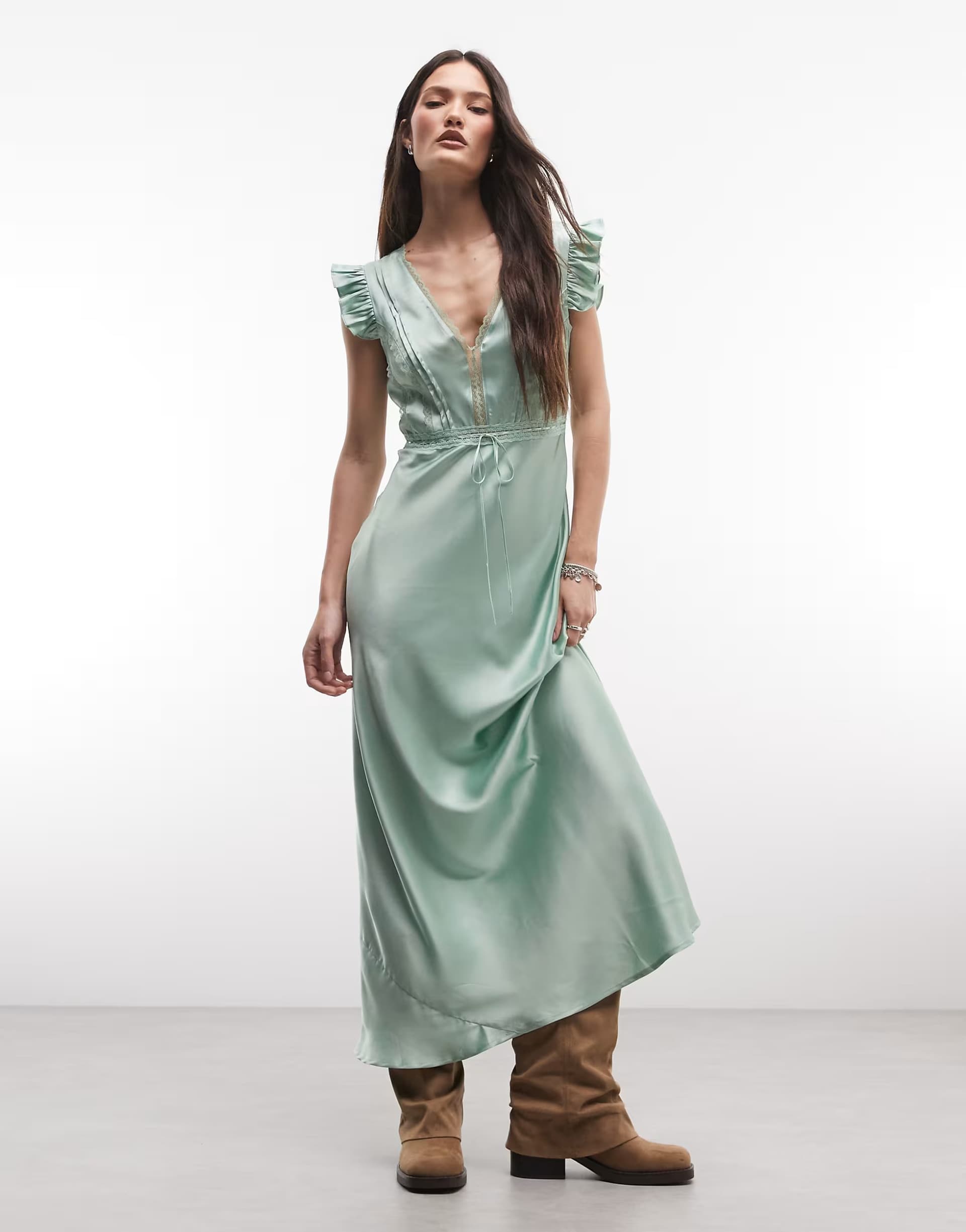 ASOS Reclaimed Vintage maxi tea dress with lace inserts and pintucks in sage green