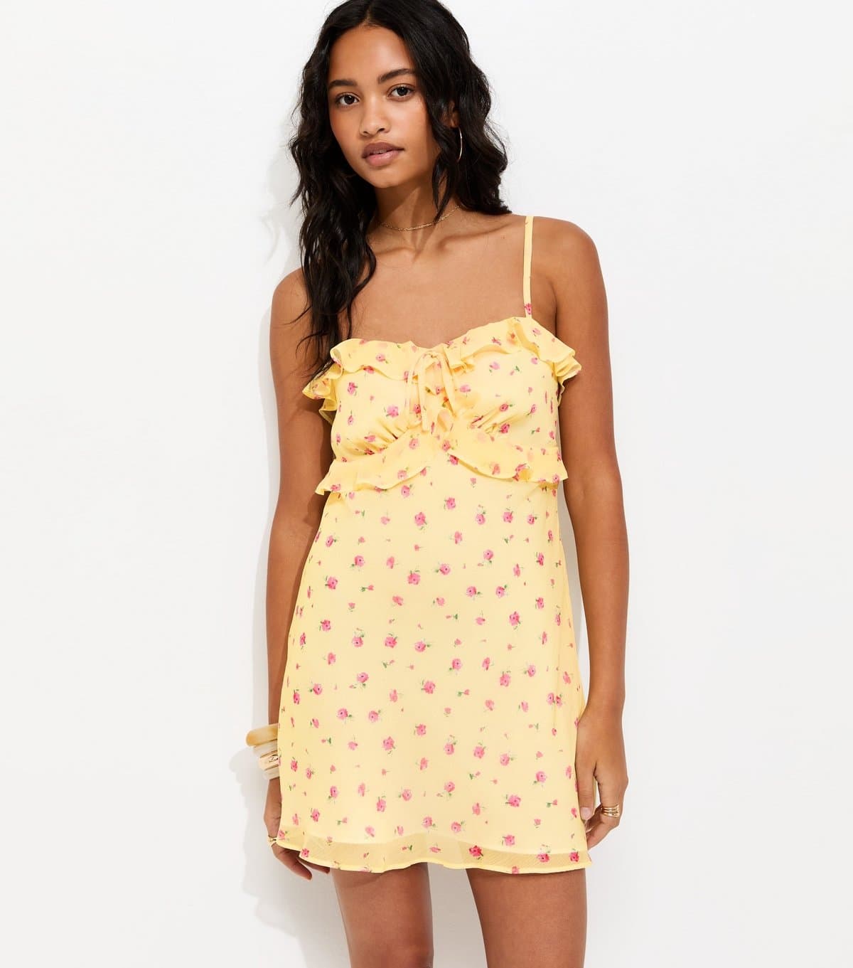New Look Women's Light Yellow Ditsy Floral Chiffon Ruffle Strappy Mini Dress New Look