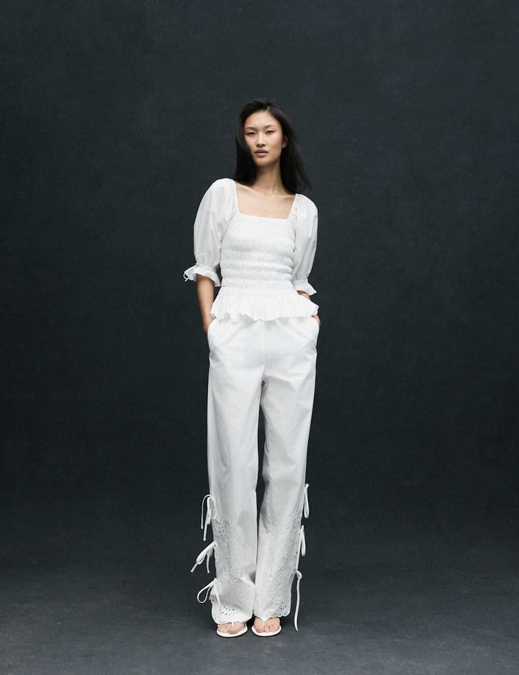 Marks & Spencer M&S White Cotton Embroidered Wide Leg Trousers