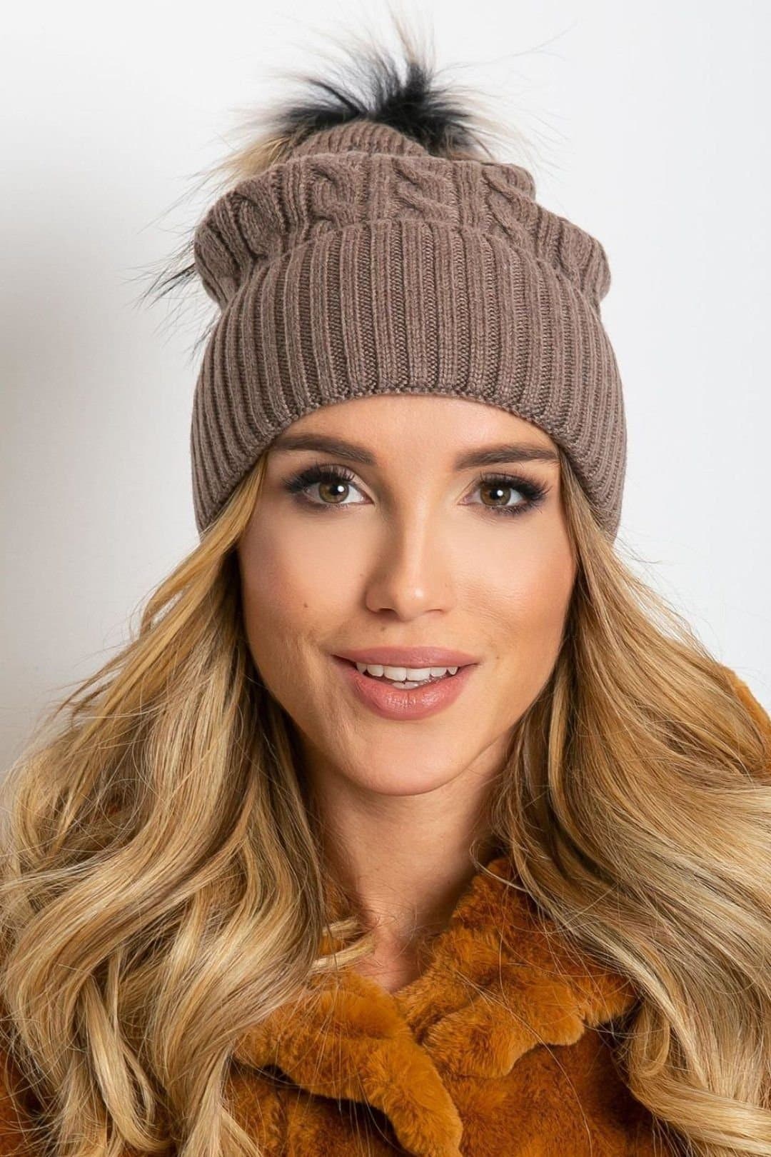 Love Lace Love Lace Brown Cable Knit Beanie Hat with Pom Pom
