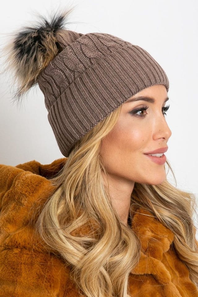 Love Lace Love Lace Women's Winter Cable Knit Beanie Hat with Wide Cuff & Fluffy Pom Pom in Brown - 2