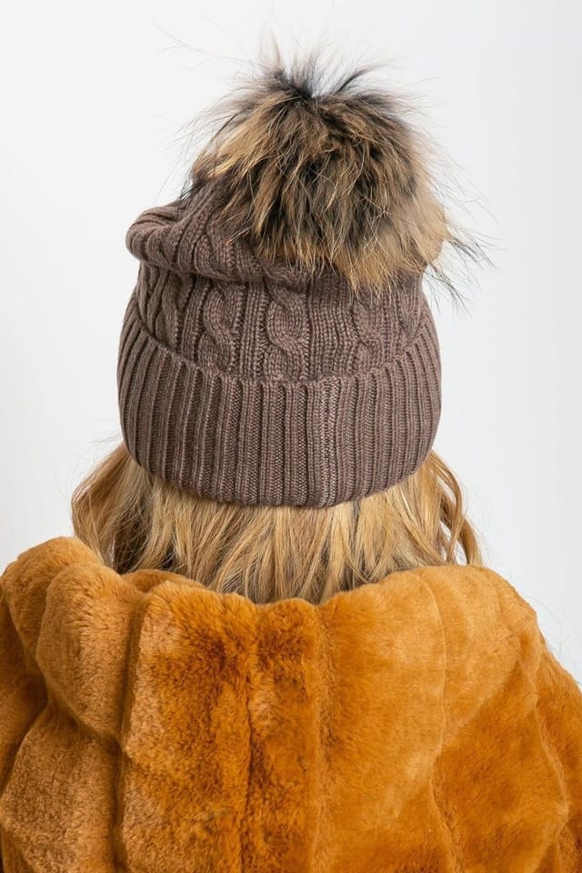 Love Lace Love Lace Women's Winter Cable Knit Beanie Hat with Wide Cuff & Fluffy Pom Pom in Brown - 3