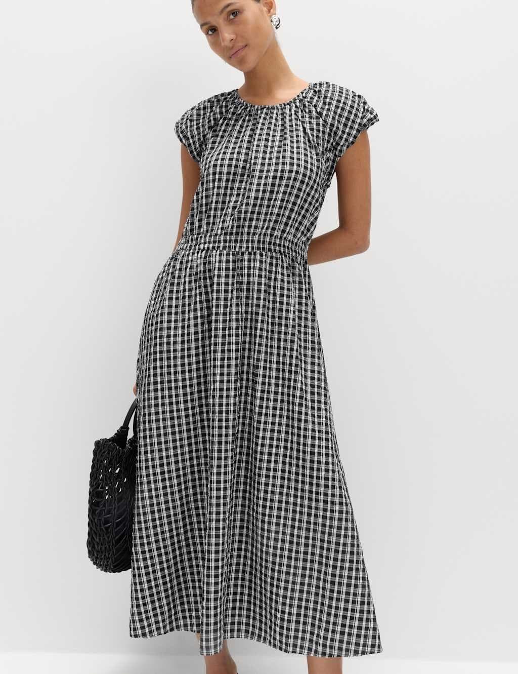 Marks & Spencer M&S Gingham Puff Sleeve Midi Waisted Dress Black Mix