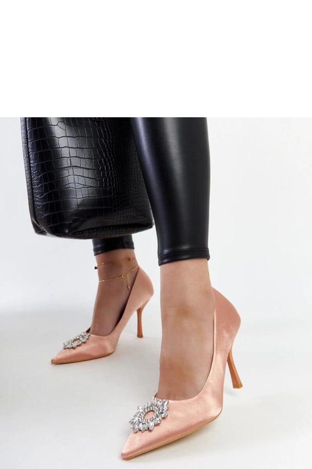 Love Lace Love Lace Women's Satin High Heel Pumps Beige Pointed Toe Slip On Zircon Stones in Rose Gold - 3