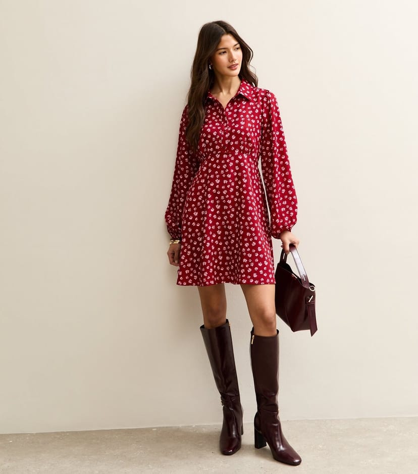 New Look Women's Red Floral Long Sleeve Mini Shirt Dress New Look - 1