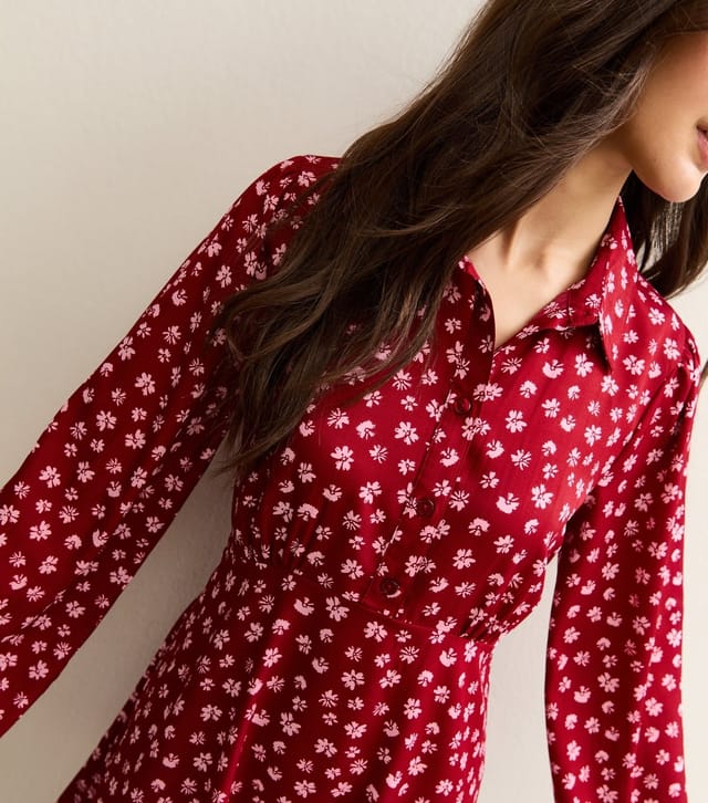 New Look Women's Red Floral Long Sleeve Mini Shirt Dress New Look - 2