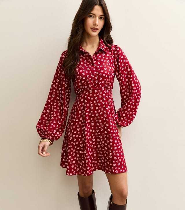 New Look Women's Red Floral Long Sleeve Mini Shirt Dress New Look - 3