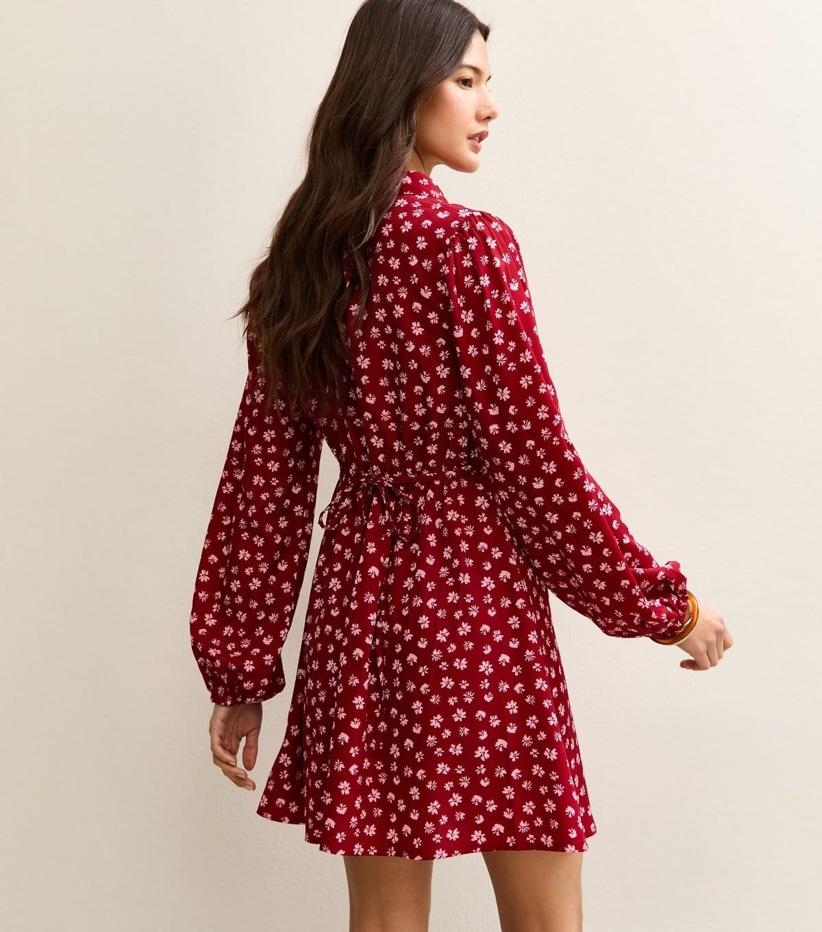 New Look Women's Red Floral Long Sleeve Mini Shirt Dress New Look - 4