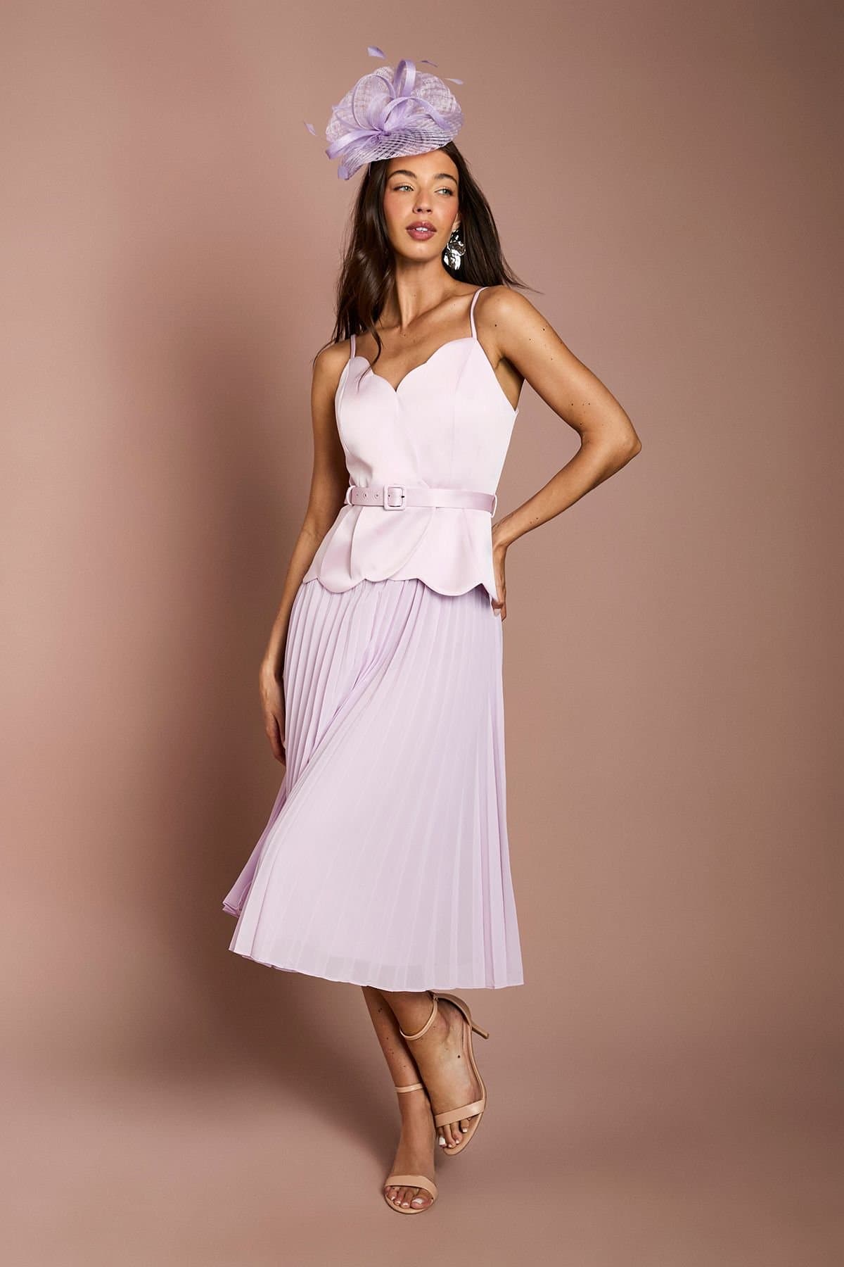 Coast Coast Lilac Scallop Detail Pleated Midi Dress