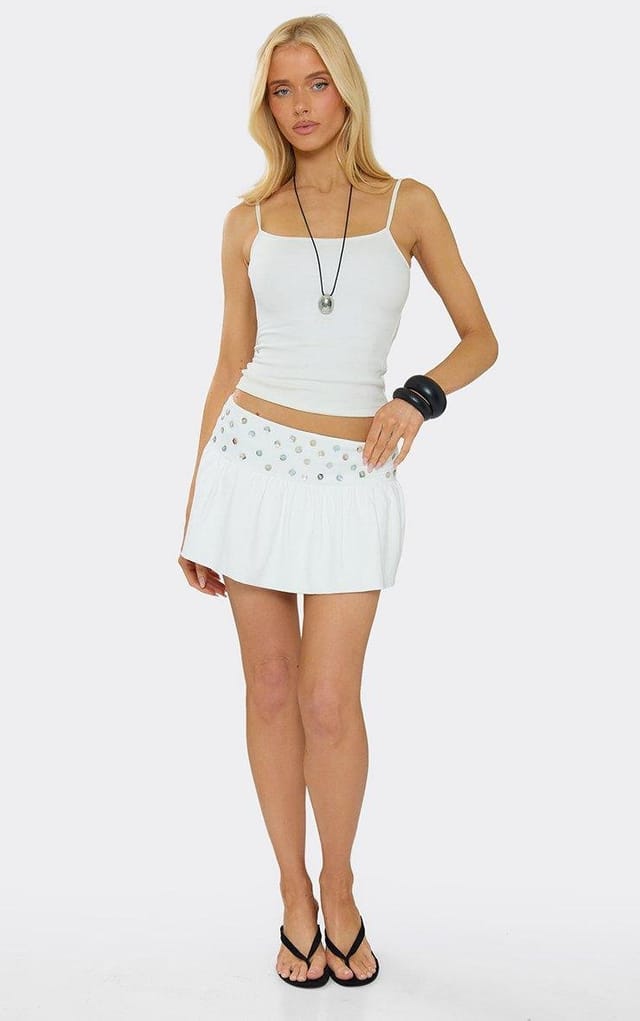 EGO Low Rise Button Detail Mini Shift Skirt In White, Women's Size UK 6 - 2