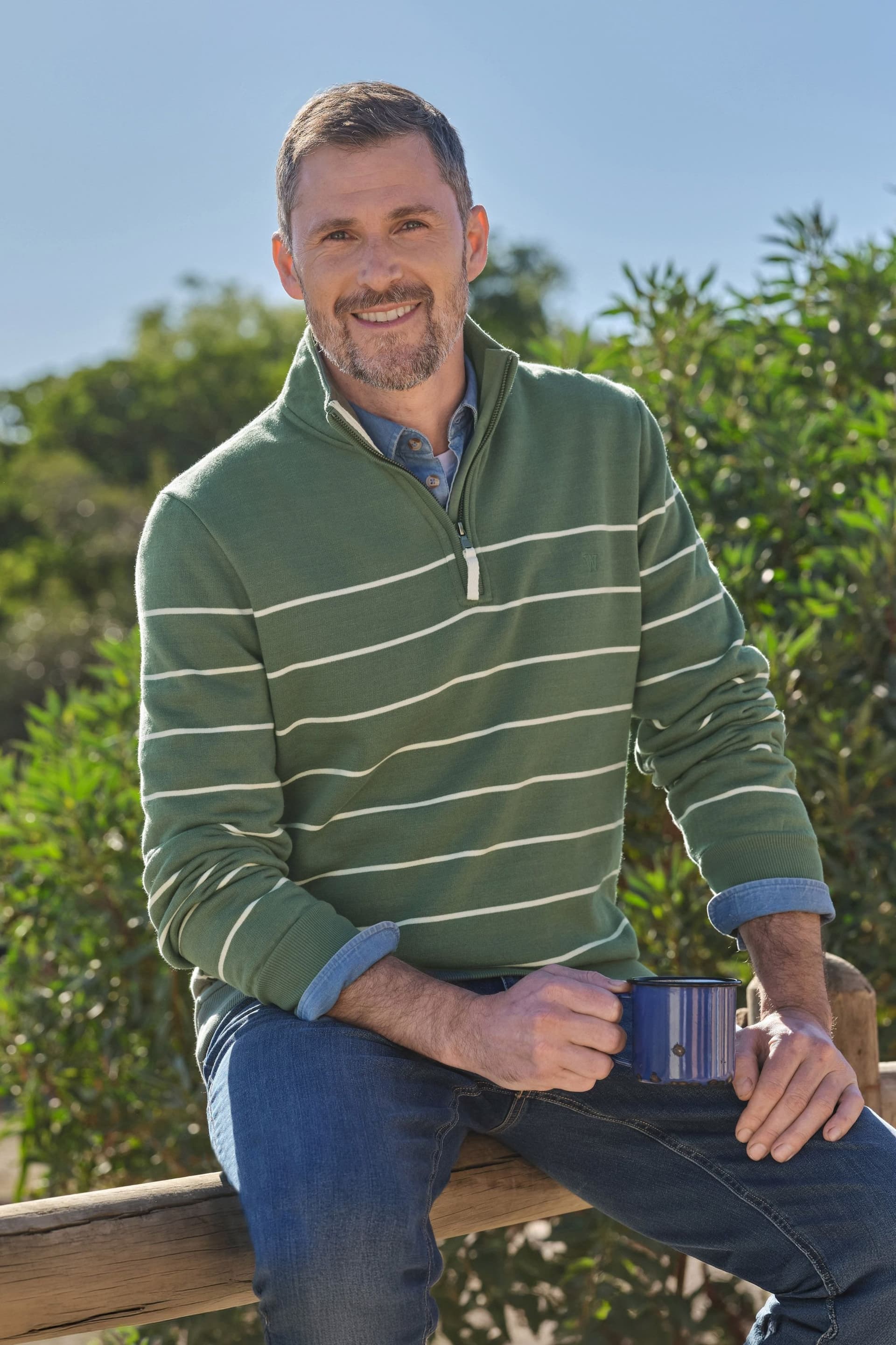 WoolOvers WoolOvers Men's Cotton Half Zip Jumper in Green