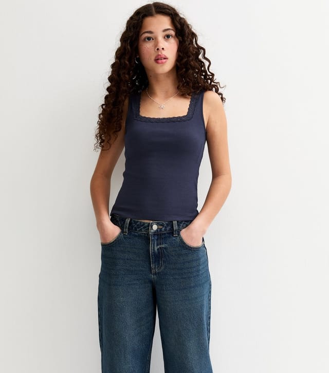 New Look Girls' Navy Lace Trim Square Neck Vest Top New Look - 2