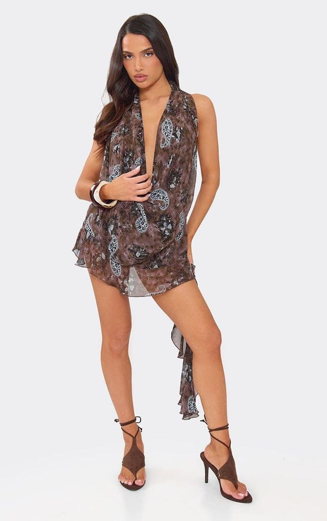 EGO Cowl Neck Drape Playsuit In Brown Paisley Print, Women's Size UK 6 - 2