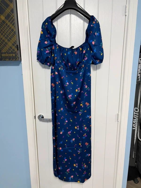 New Look New Look Blue Satin Flower Milkmaid Style Dress - Size 12