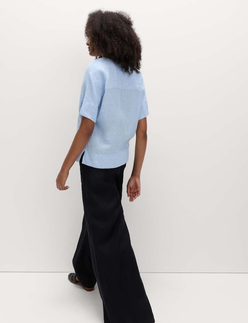 Marks & Spencer M&S Pure Linen V-Neck Popover Top Chambray - 4