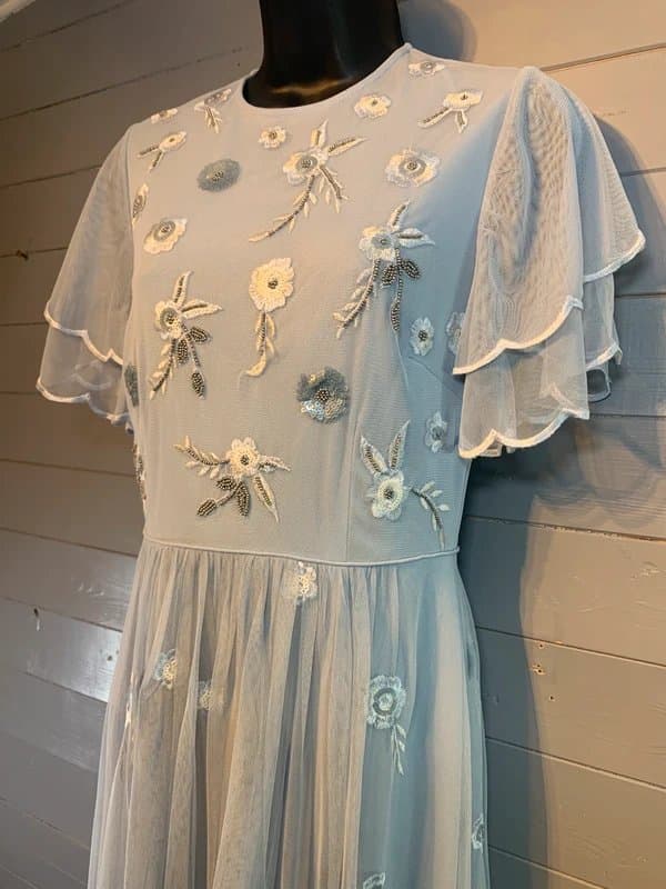 Monsoon Monsoon embroidered tulle maxi wedding garden party dress rrp £175 uk 10 powder blue dove grey
