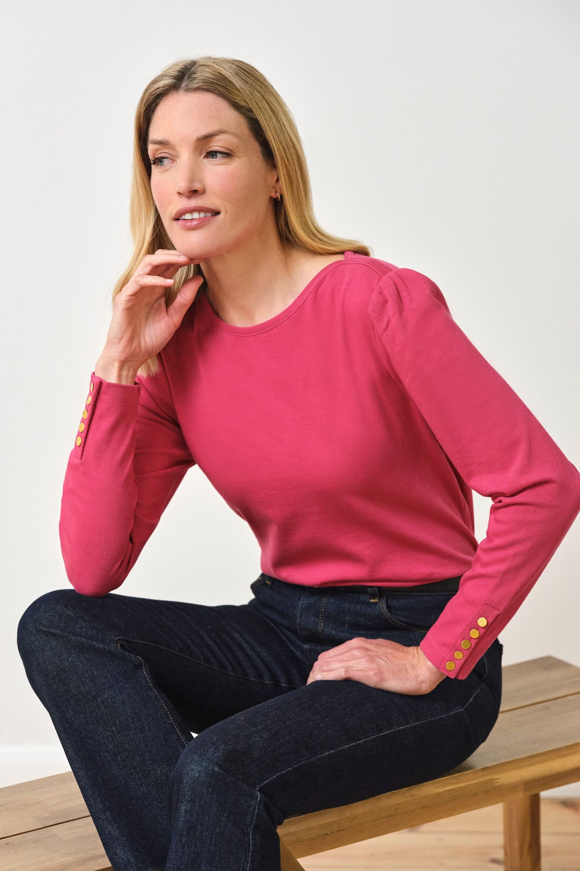 Pure Collection Pure Collection Women's Button Sleeve Top in Dark Pink