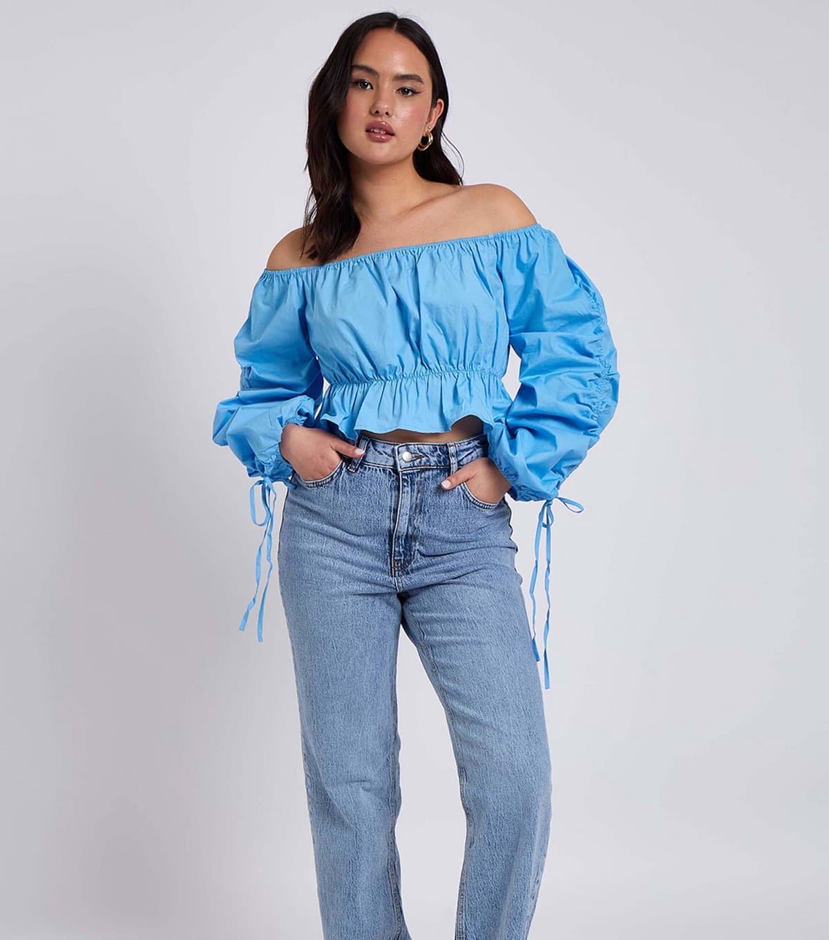 Urban Bliss Women's Blue Ruched Sleeve Bardot Top Urban Bliss New Look