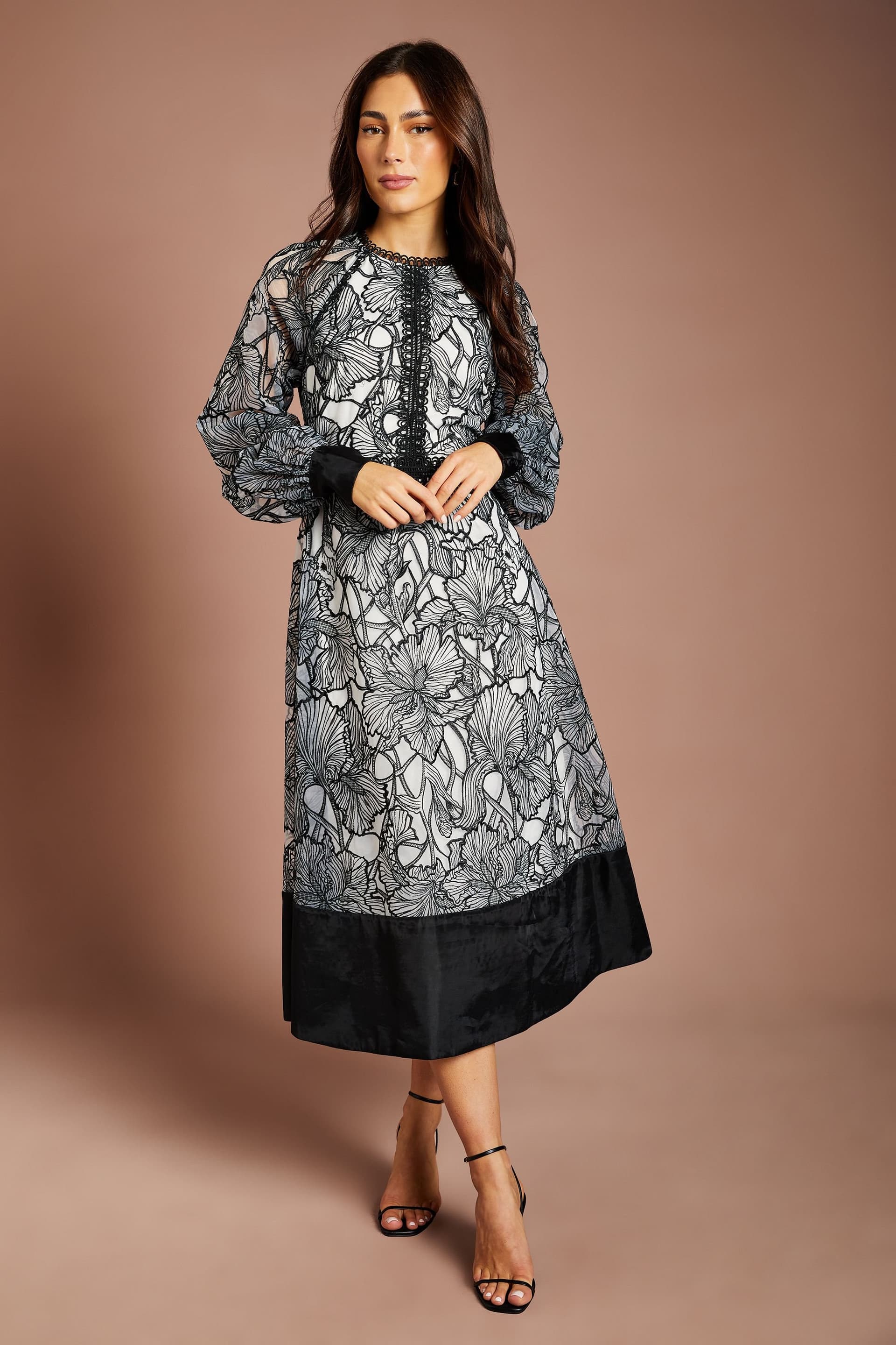 Coast Coast Women's Embroidered Organza Long Sleeve Midi Shirt Dress in Mono