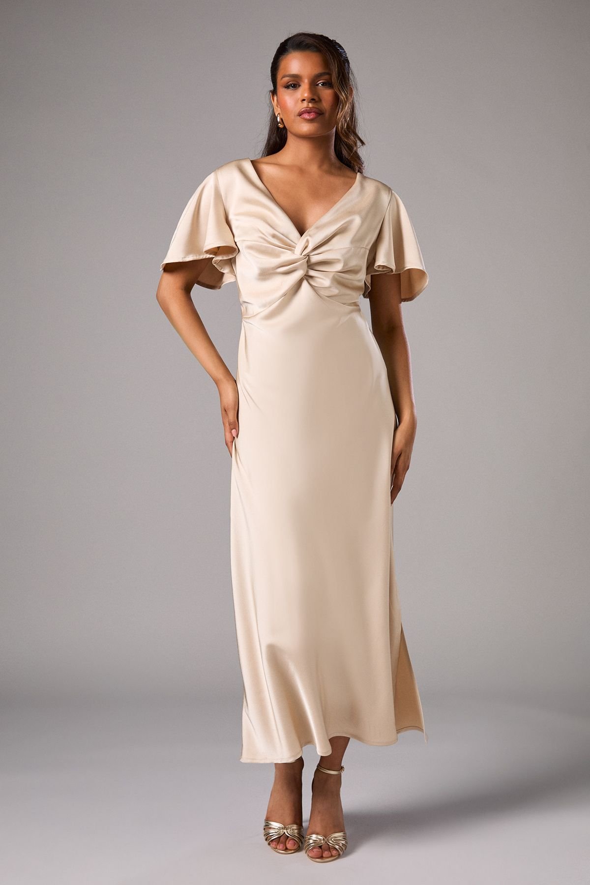 Oasis Oasis Women's Petite Satin Twist Angel Sleeve Midi Bridesmaid Dress in Champagne - 2
