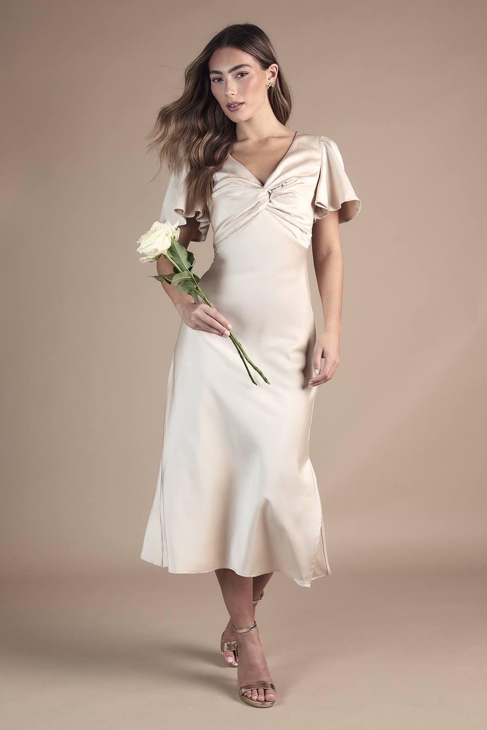 Oasis Oasis Women's Petite Satin Twist Angel Sleeve Midi Bridesmaid Dress in Champagne - 4