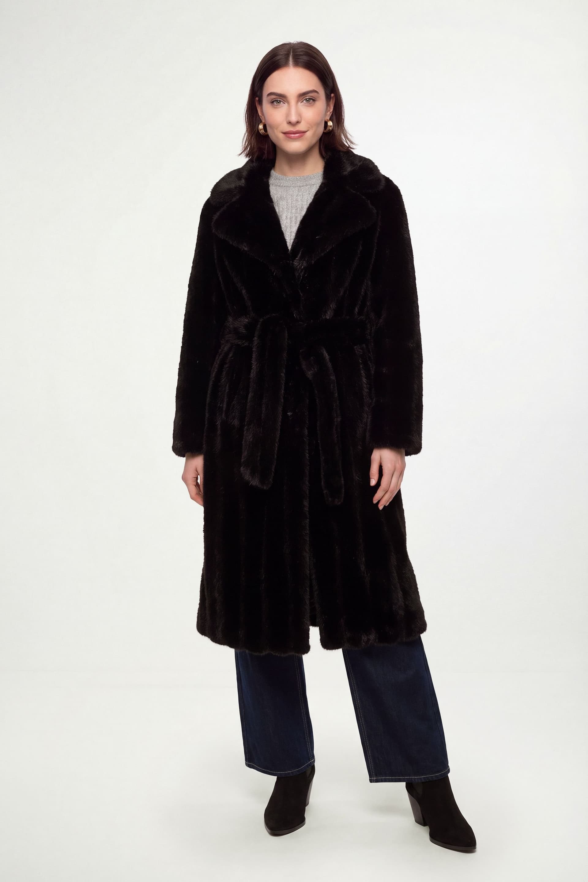 Wallis Wallis Women's Petite Premium Faux Fur Maxi Belted Trench Coat in Black